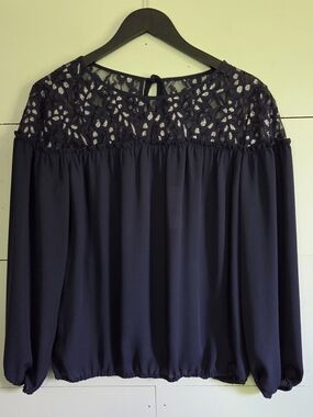 New York & Company Navy Floral Lace Long Sleeve Blouse Tie Round Neck M